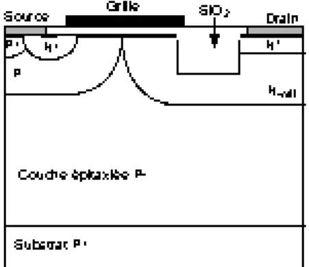 Figure II.18 : Coupe schématique du transistor LUDMOS RESURF réalisé par M OTOROLA  (technologie HiPerMOS™) [27].