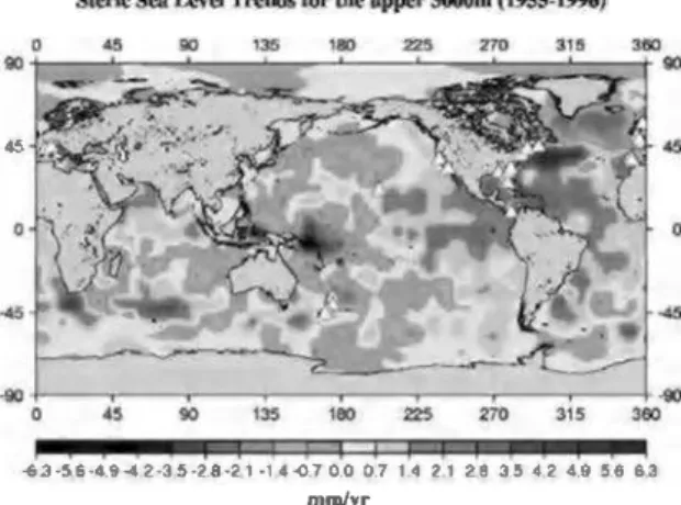 Fig.  7  Steric  sea level trend  map  for  1955-1995,  computed  using  the  Levitus et al.'s  (2000a) temperature data set down to  3000 m