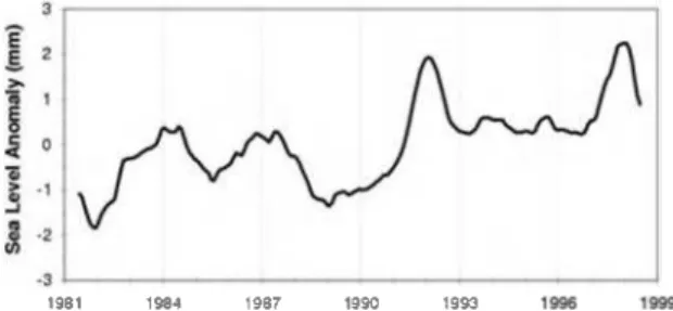 Fig.  10  Contribution  to  the  global  mean  sea  level  of  the  sum  of  ground  waters,  soil  moisture  and  snow  for  1981-1998  (based  on  the Land Dynamics model)