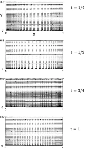 FIG. 9. Velocity field evolution in the lower half of the cell when the y