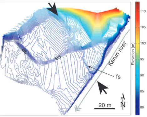 Figure 11. Contour map of a digital elevation model (DEM) of site M06 which permits us to differentiate scarps of erosional origin (es) from those of tectonic