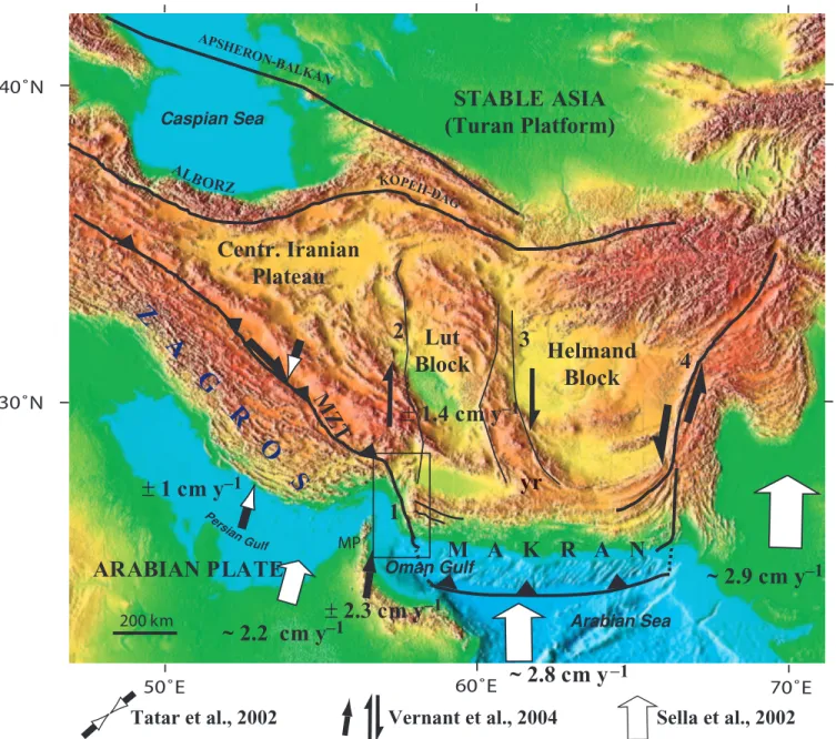 Figure 1. Geodynamic setting of Iran and adjacent areas. The main geodynamic structures are indicated and the study area is indicated by an open rectangle.