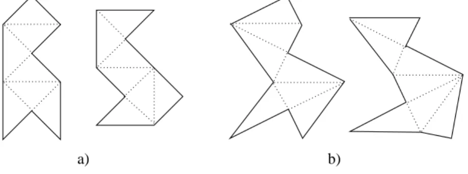 Figure 1. a) Two isospectral billiards with a triangular base shape. b) A pair of isospectral billiards constructed from the same unfolding rules as a).
