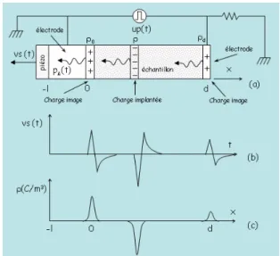 Figure 1 - Principe de la méthode PEA  (a) Sous l’effet d’un champ pulsé, les zones  chargées génèrent des ondes acoustiques   (b) Le capteur piézoélectrique délivre en  conséquence une tension vs(t) 
