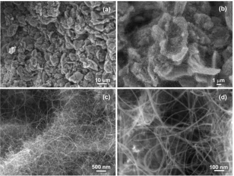 Fig. 7 SEM images of the nanocomposite foam NF3P10 at increasing magnifications showing the deposit of catalytic material (a–b) and the high quantity and good quality of CNTs (b–d).