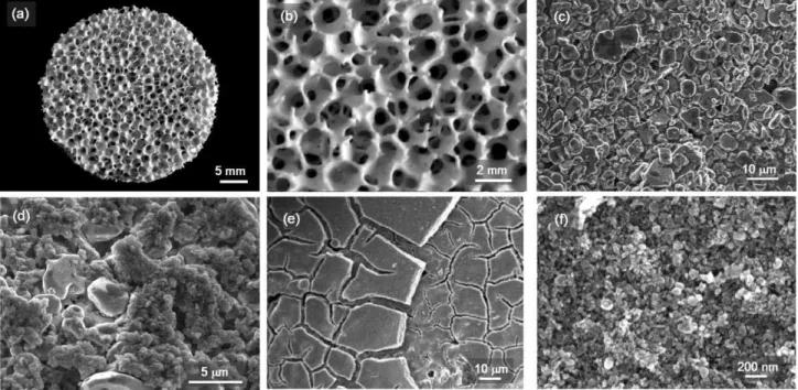Fig. 2 SEM images of the commercial ceramic foam (a–c) and of the deposit of catalytic material after three impregnations using a slurry at a powder concentration of 40 g L 21 (d) and 60 g L 21 (e–f).