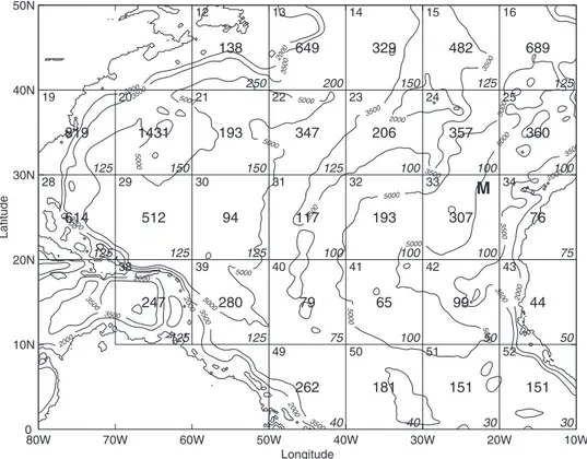 Figure 1. The number of North Atlantic historical hydrographic casts used, shown in the center of the 10 geographic bins