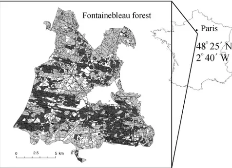 Figure 1. Forest map of the Fontaine- Fontaine-bleau forest (located southeast of Paris): Pinus sylvestris (dark gray), Quercus petraea/Q