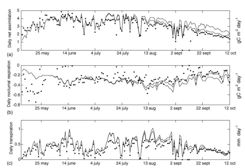 Fig. 2. Comparison between daily measurements ( 䊉) and simulations in upper branch bag (with constant nitrogen in solid line and variable nitrogen in dotted line)