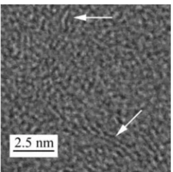 Fig. 10. HRTEM image of the LC composite sample away from carbon clusters. The arrows indicate small, organized  lay-ers, probably of carbon.