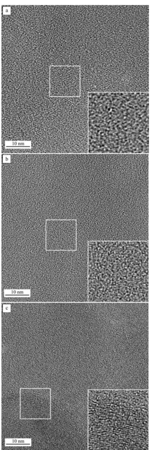 Fig. 7. HRTEM images of (a) pure resin, (b) LC compos- compos-ite material away from carbon clusters, and (c) LC composcompos-ite material with carbon particles