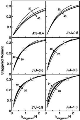 FIG. 12. Staggered moment per site as a function of the rescaled applied staggered field for the plaquette lattice and different values of J ⬘ / J