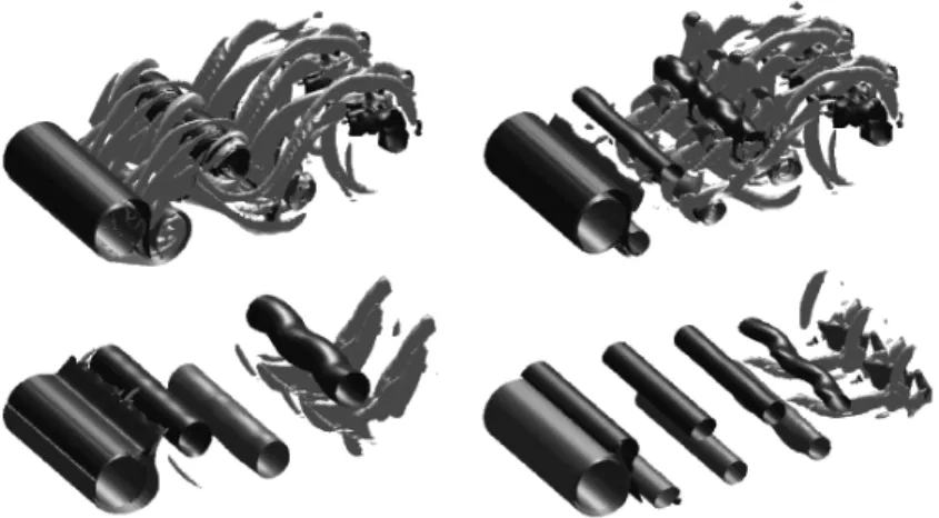 Fig. 2. Surfaces of isovorticity after activation of the rotation locked on the flow self-- self--frequency (left pictures) and on twice this self--frequency (right pictures), from [9].