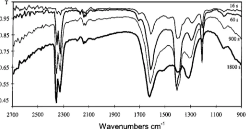FIG. 6. Changes with time of FTIR spectra recorded on outgassed Ni δ O 1+δ under CO (10 3 Pa) at 253 K