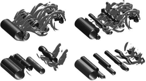 Figure 4: Surfaces of isovorticity after activation of the rotation locked on the flow self-frequency (left pictures) and on twice this frequency (right pictures) (from [15]).