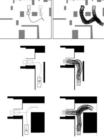 Fig. 6. Collision-free admissible paths. The paths on the left are the paths followed by the reference point of the robot