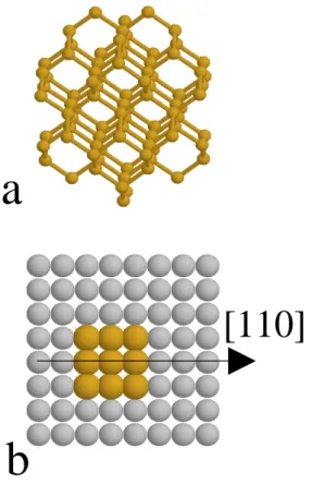 Fig. 1. a) struture representation of a 87 atoms luster. b) (001) plane of the 1024 atoms superell, passing through the enter of the luster, darkest and biggest spheres are Ge atoms.