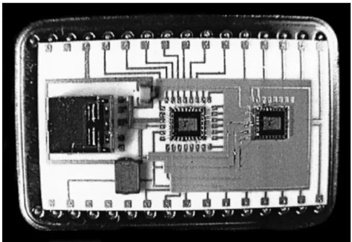 Fig. 5. Evaluation platform composed of integrated analog–digital BiCMOS converters, ceramic capacitors, and a sensing cell on a ceramic substrate.