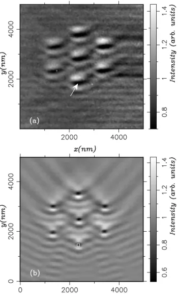 FIG. 7. For λ = 633 nm and TM incident polarization: (a) constant height experimental PSTM image recorded with a gold coated tip (d = 20 nm); (b) theoretical distribution of | H|→ 2
