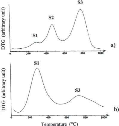 Figure 5. DTG patterns of Fe10MR1000 (a) and Fe10AR1000 (b).