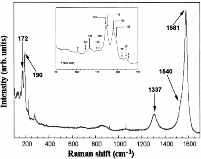 Fig. 4. Raman spectrum of SWNTs on Co 2.5% wt rMgO catalyst recorded at room temperature, using an excitation wavelength of 676.4