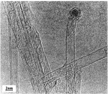 Fig. 5. High-resolution image of single-wall carbon nanotube with a small catalytic particle encapsulated to the tip