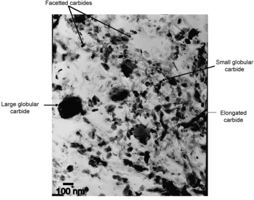 Fig. 6. Bright-field TEM image of the carbides extracted from the martensitic matrix (low silicon grade).