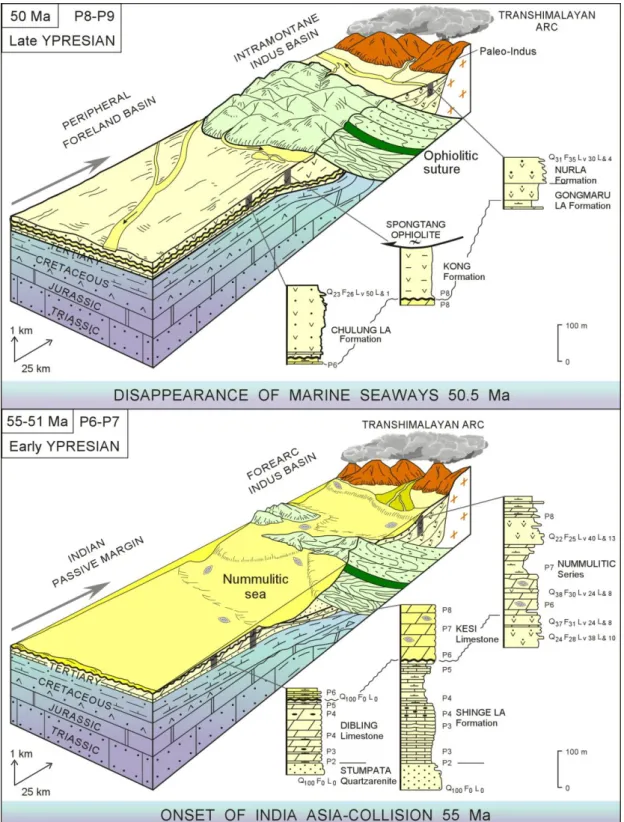 Figure  4:  Complete  chronology  of  the  India-Asia  collision  is  faithfully  recorded  in  the  Paleogene  sedimentary  record  of  both  Indian  passive  and  Transhimalayan  active  margins  (Garzanti et al., 1987; Garzanti and Van Haver, 1988)