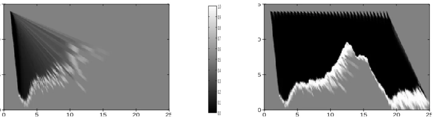 Fig. 4.4 – Construction d’une grille d’occupation avec une approche bayesienne : la figure de gauche montre le r´ esultat