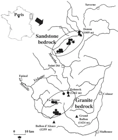 Fig. 1. Location of  the study sites in the Vosges Mountains, north-eastern France.
