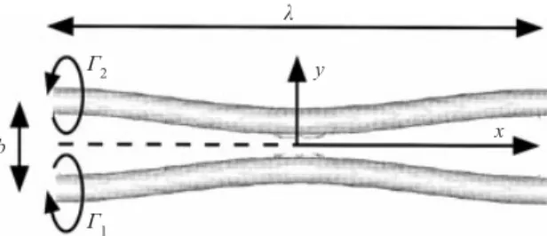 Figure 1. Diagram showing initial configuration of the vortex tubes, with wavelength λ, nominal separation distance b, and strengths Γ 1 and −Γ 2 .