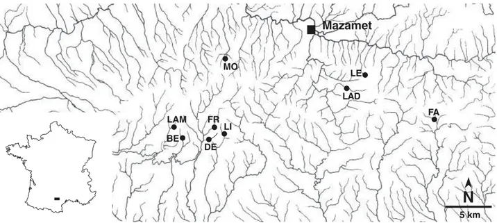 Fig. 1 Sampling locations throughout the Montagne Noire forest. Abbreviations correspond to streams, as detailed in Table 1.