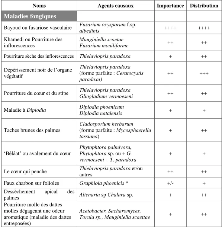 Tableau V :  L’importance relative et la distribution des principales maladies du palmier  dattier.