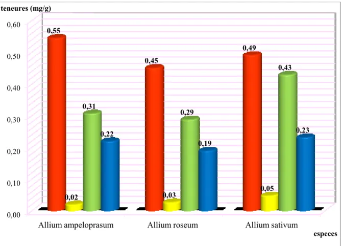 Figure 11 : teneures absolues moyennes des quartes classes  étudiées de nous trois Allium  4.1.1