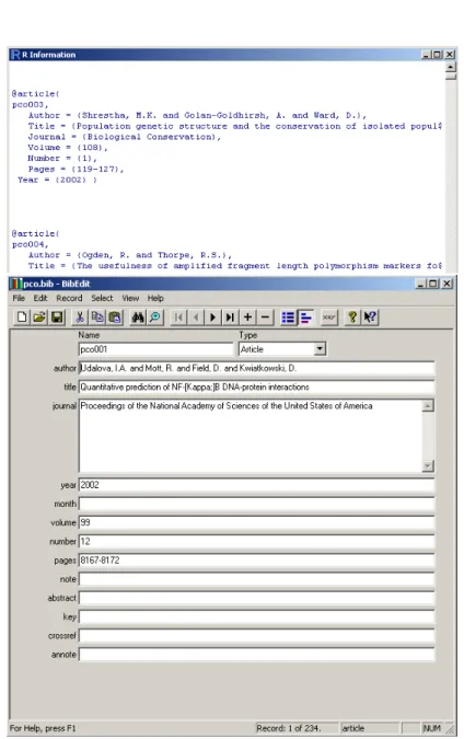 Fig. 1 – Le fichier pco.bib vu par la commande show.file et la premi` ere fiche vue dans le logiciel BibTex qui indique qu’il y a 234 r´ ef´ erences.