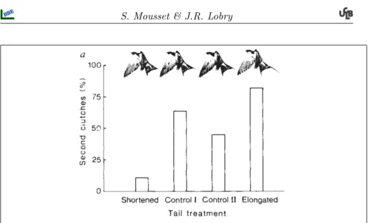 Fig. 1 – Effet de la longueur de la queue des mˆ ales sur le succ` es reproducteur (extrait de [2])