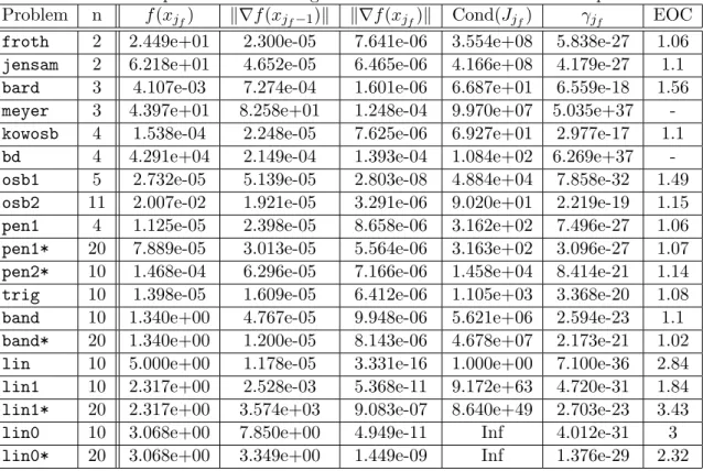 Table 4: The complete results for Algorithm 1 for non-zero residual test problems.