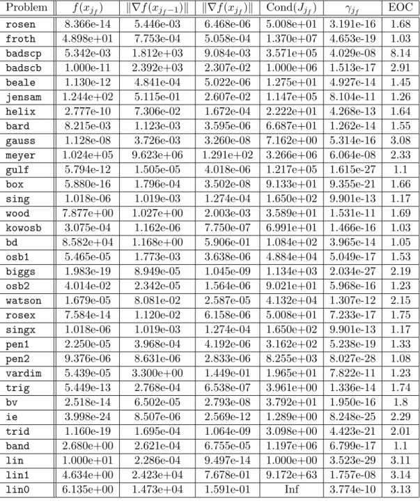 Table 2: The complete results for Algorithm 1 on the tested problems.