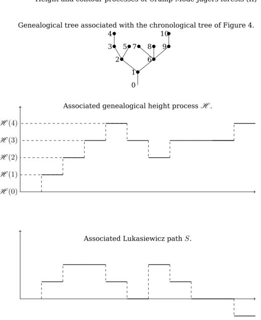 Figure 5: The genalogical tree of the chronological tree of Figure 4, together with the genealogical processes S and H 