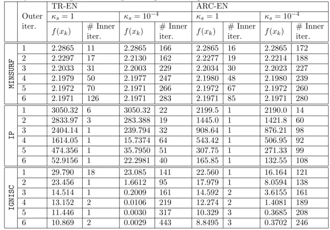 Table 2: Objective function values and the number of inner iterations during the application of TR-EN/ARC-EN algorithm on large scale optimization problems.