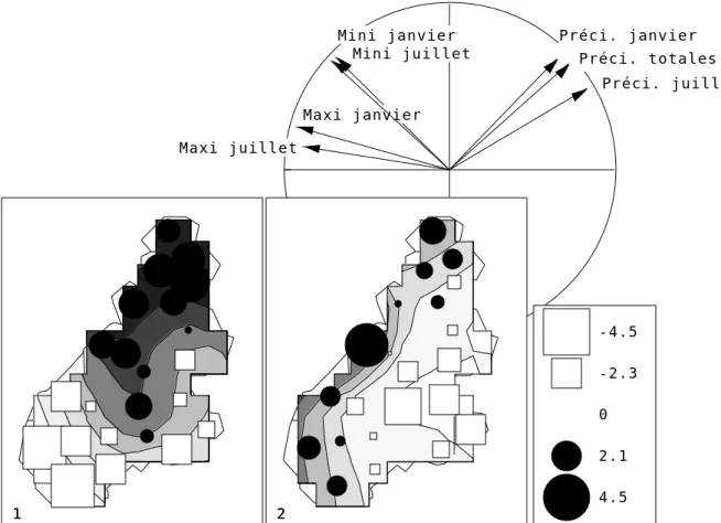 Figure 6: ACP normée de Meteo (premier tableau). Toutes les cartes avec courbes de niveaux seront tracées avec 8 voisins.