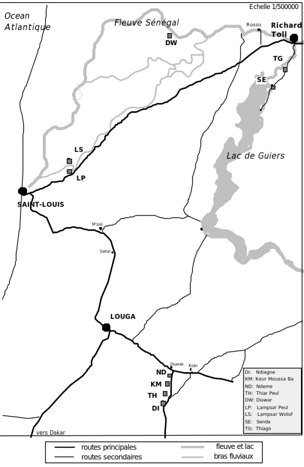 Figure 1 : Carte de la zone étudiée. Région du Delta du fleuve Sénégal et région de Louga