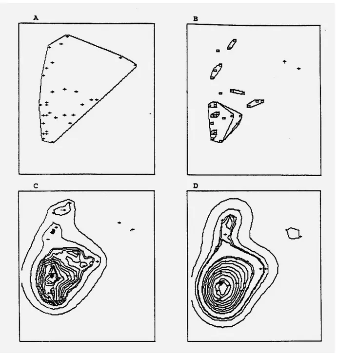 figure 6 : Comparaison de domaines vitaux (estimation à 95 %) d’un rongeur par différentes méthodes (d’après Andreassen et al., 1993).