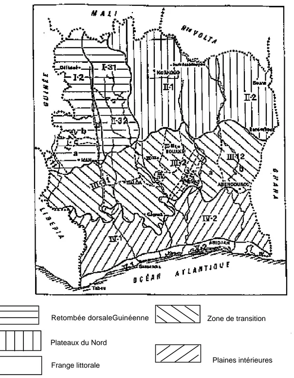 figure 1 : carte de la Côte d'Ivoire, découpage en zones physiques (d'après Avenard et al., 1971)                 