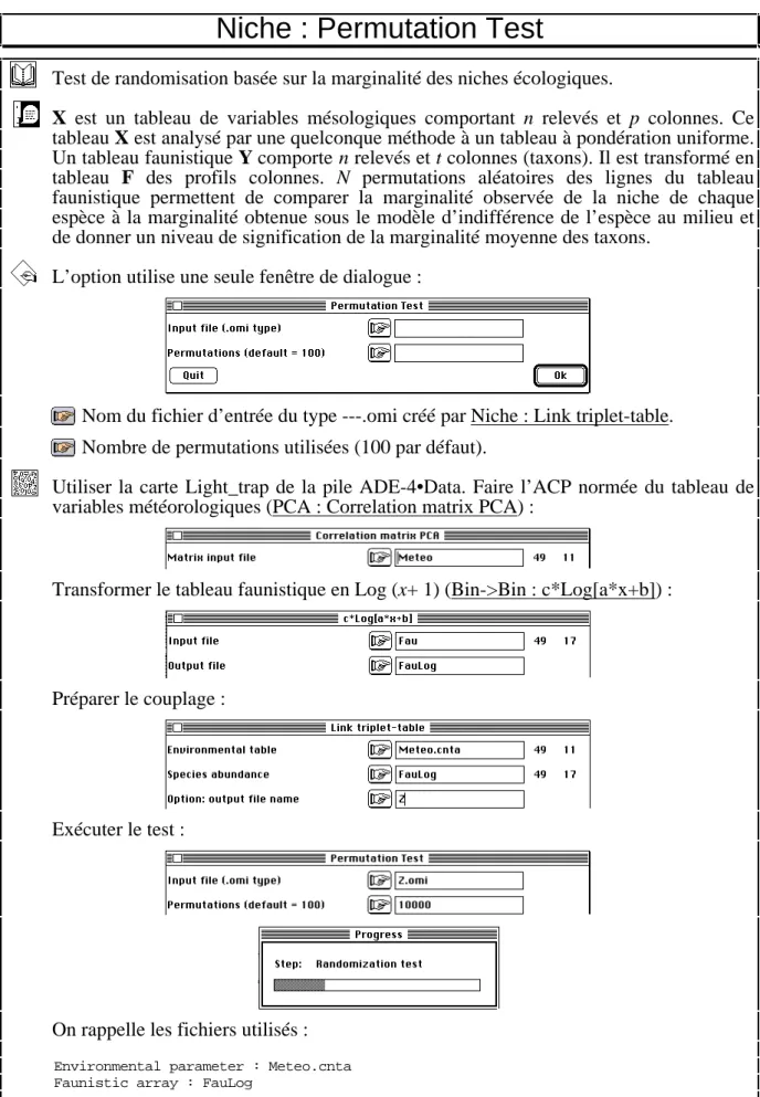 tableau X est analysé par une quelconque méthode à un tableau à pondération uniforme. Un tableau faunistique Y comporte n relevés et t colonnes (taxons)