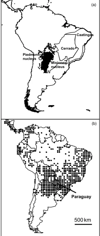 Figure 1 (a) Main biogeographic areas cited in the text, in South America. The dark area corresponds to the Chaco