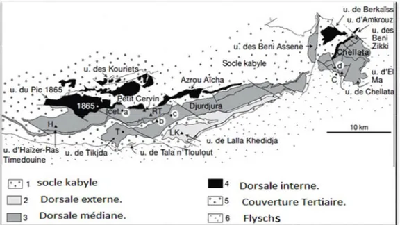 Fig. II.3 : Carte schématique de la Grande Kabylie représentant les unités de la dorsale kabyle.