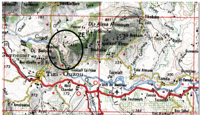 Fig. IV. 1: situation géographique de la région d’étude ZE (Carte topographique de Tizi- Tizi-Ouzou: échelle 1/500000).