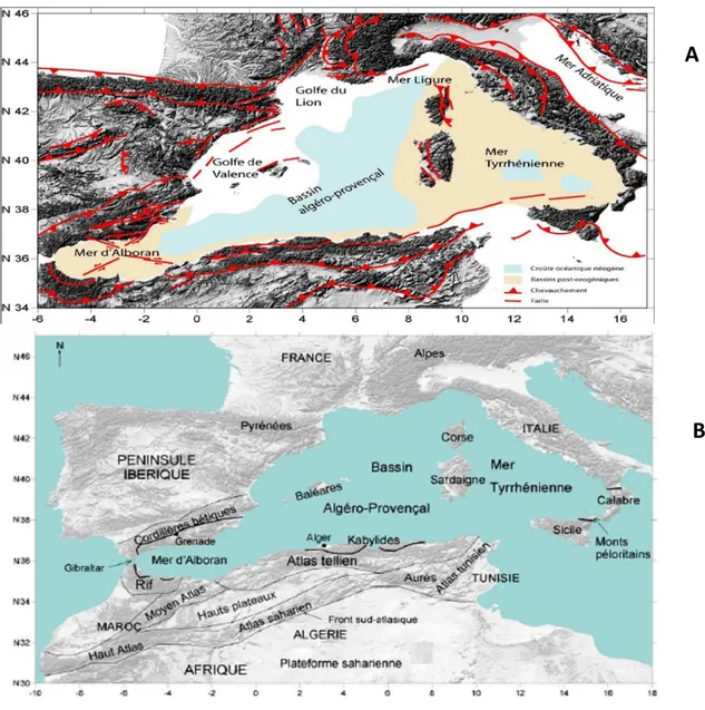 Fig . B : Carte de localisation des principales unités géologiques composant le Nord de  l’Algérie (d’après Alvarez-Marron, 1999, MediMap Group, 2005, et Gracia et al., 2006)