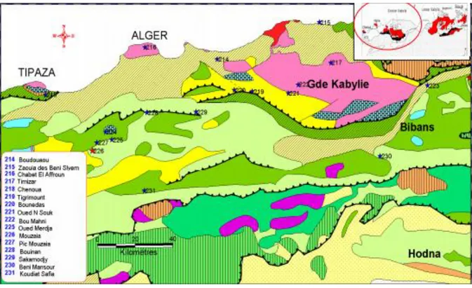 Fig. 6: répartition des indices de la grande kabylie et des massifs du centre Algérien (Nait  Amara 2010) 